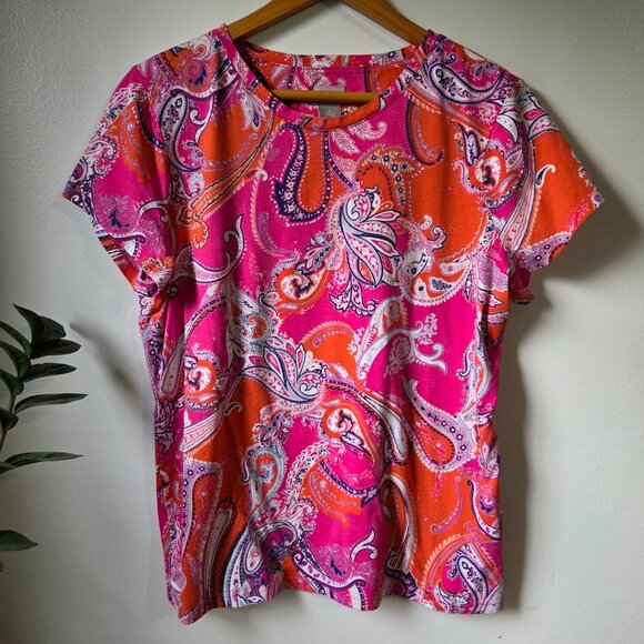 EUC CHICO'S CREW NECK PAISLEY PRINT TEE SIZE 2 / US LARGE - Picture 1 of 15